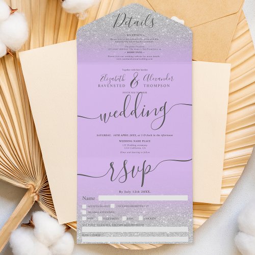 Silver glitter ombre lavender script wedding  all in one invitation