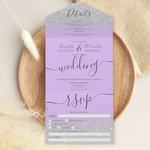 Silver glitter ombre lavender script wedding all in one invitation