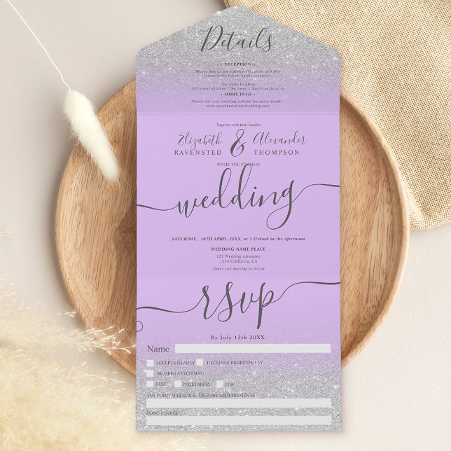 Silver glitter ombre lavender script wedding all in one invitation (Creator Uploaded)