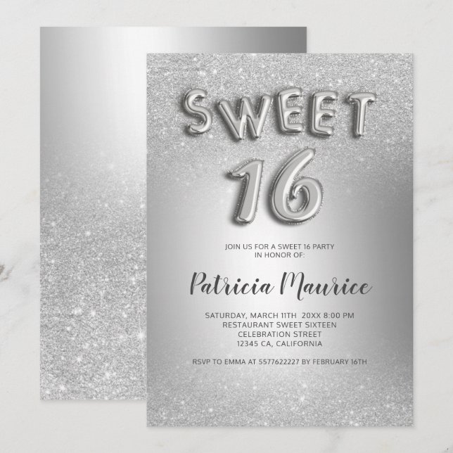 Silver glitter ombre letters gray foil sweet 16 invitation (Front/Back)