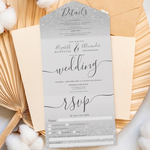 Silver glitter ombre light gray script wedding all in one invitation
