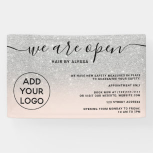 Silver glitter ombre logo blush pink We're open Banner