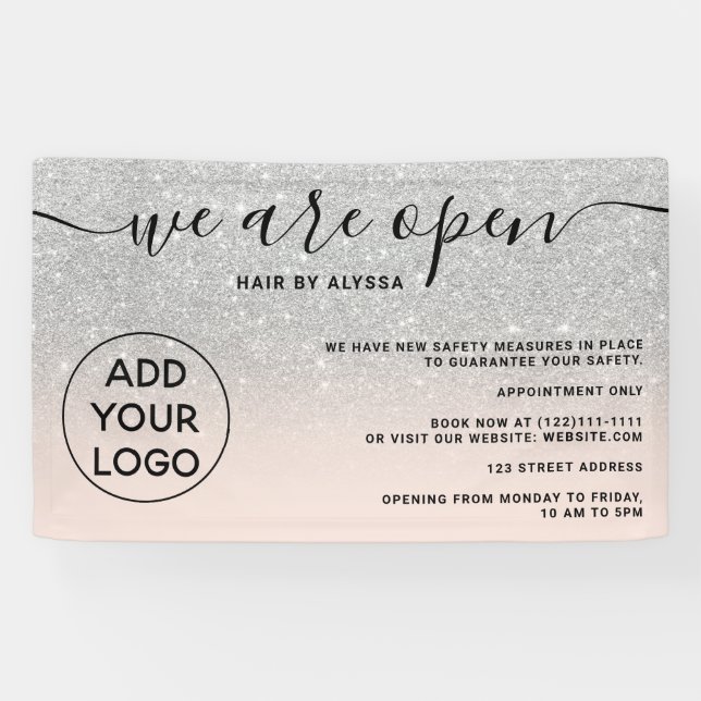 Silver glitter ombre logo blush pink We're open Banner (Horizontal)