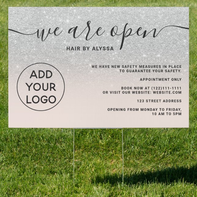 Silver glitter ombre logo blush pink We're open Sign (Insitu)