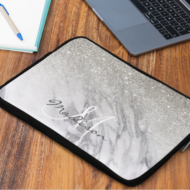 Silver Glitter ombre marble Monogram Laptop Sleeve (Creator Uploaded)