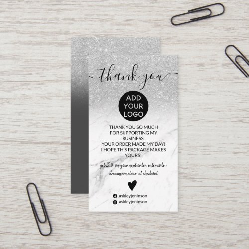 silver glitter ombre marble order thank you business card