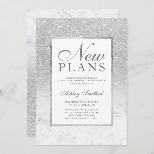 Silver glitter ombre marble postponed new plans invitation