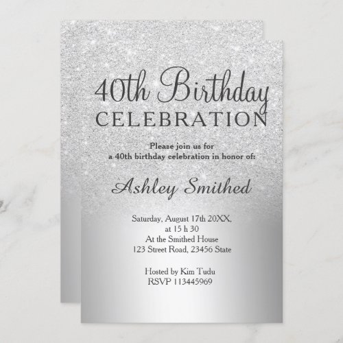 Silver glitter ombre metallic 40th birthday invitation