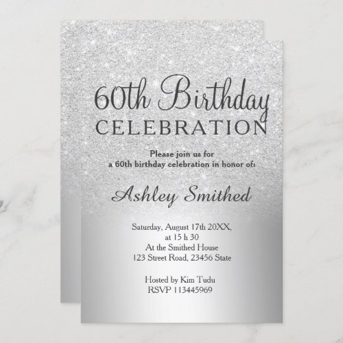 Silver glitter ombre metallic 60th birthday invitation