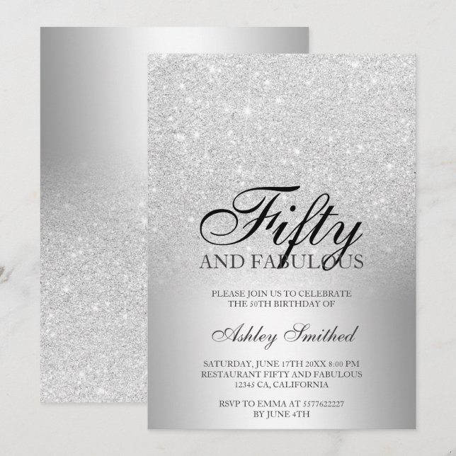 Silver glitter ombre metallic fifty fabulous invitation (Front/Back)