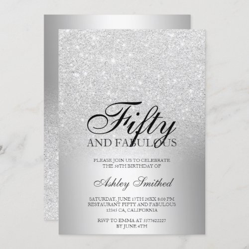 Silver glitter ombre metallic fifty fabulous invitation