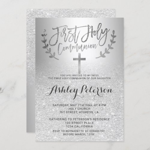 Silver glitter ombre metallic first communion invitation