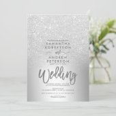 Silver glitter ombre metallic foil grey wedding invitation (Standing Front)