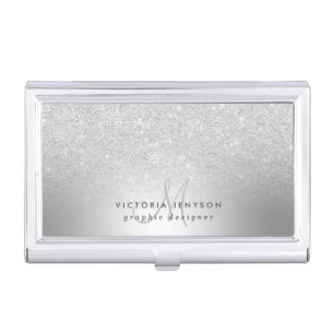 Silver glitter ombre metallic foil monogram business card case