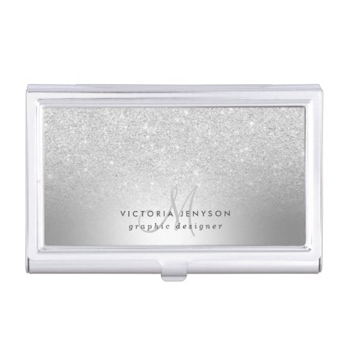 Silver glitter ombre metallic foil monogram business card case