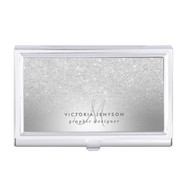 Silver glitter ombre metallic foil monogram business card case (Front)