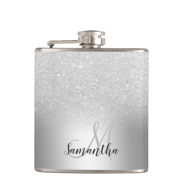 Silver glitter ombre metallic foil monogram flask (Front)