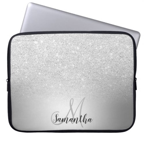 Silver glitter ombre metallic foil monogram laptop sleeve
