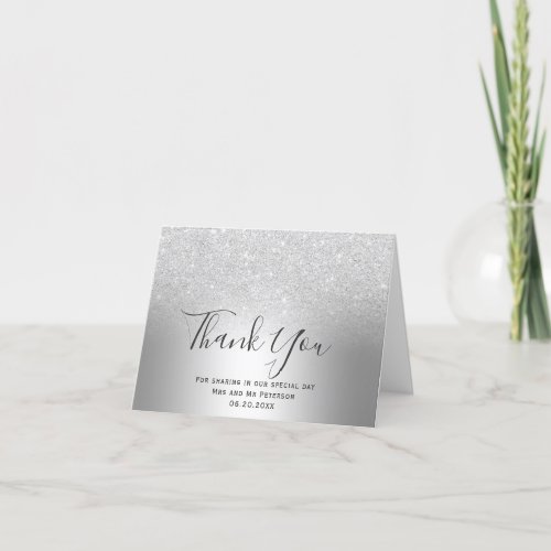 Silver glitter ombre metallic foil thank you card