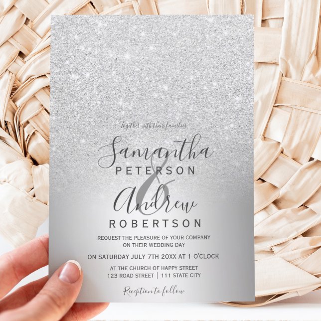 Silver glitter ombre metallic foil wedding invitation (Creator Uploaded)