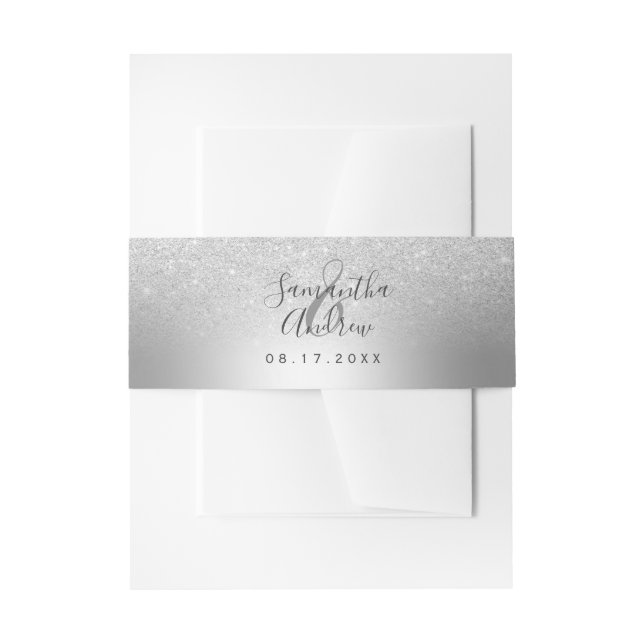 Silver glitter ombre metallic foil wedding invitation belly band (Front Example)