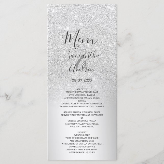 Silver glitter ombre metallic foil wedding menu (Front)