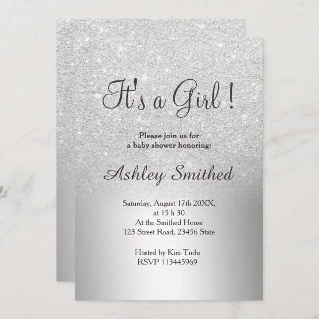 Silver glitter ombre metallic girl baby shower invitation (Front/Back)
