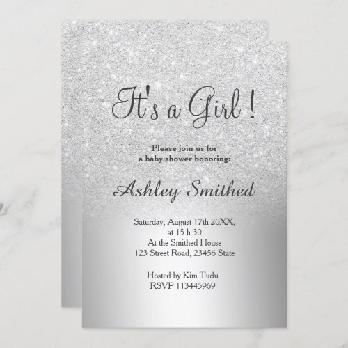 Silver glitter ombre metallic girl baby shower invitation