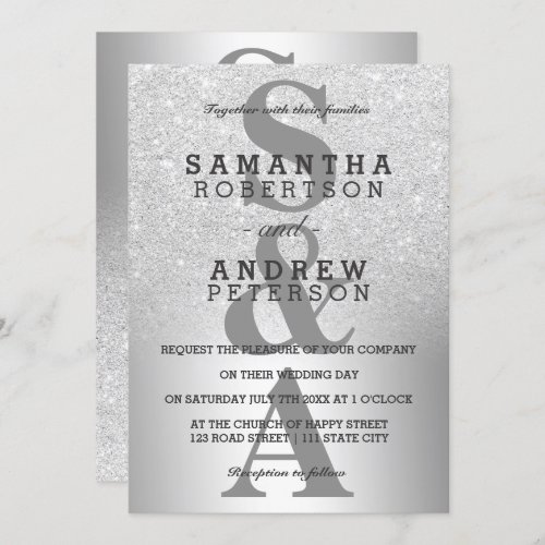 Silver glitter ombre metallic monogram wedding invitation