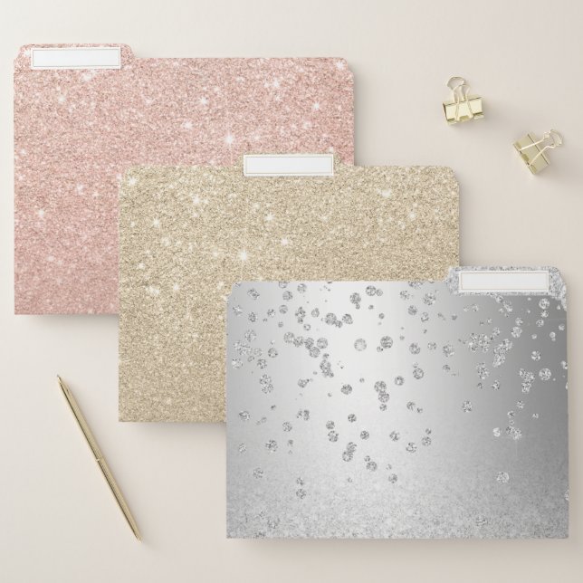 Silver glitter ombre metallic sparkles confetti file folder (Set)