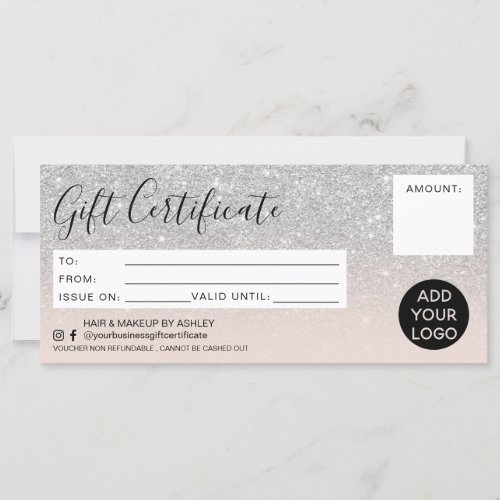 Silver glitter ombre pink gift certificate logo