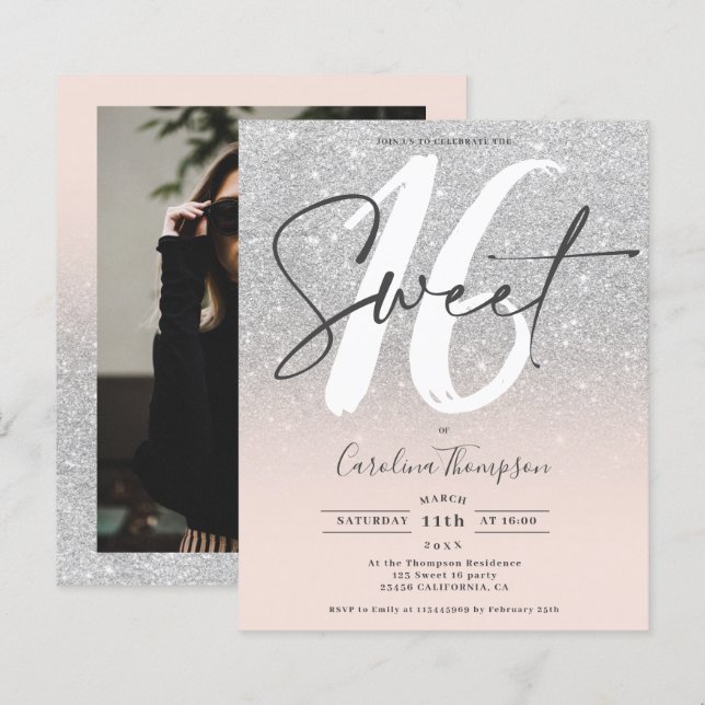 SIlver glitter ombre pink photo budget Sweet 16 (Front/Back)