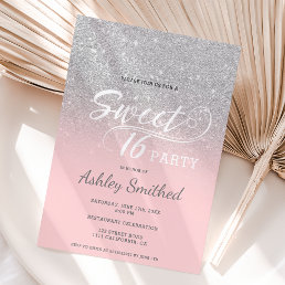 Silver glitter ombre pink typography Sweet 16 Invitation