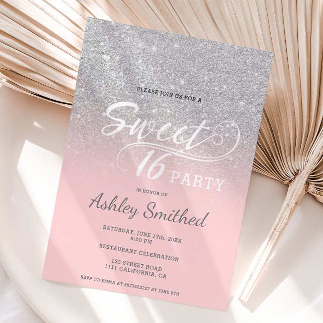 Silver glitter ombre pink typography Sweet 16 Invitation (Creator Uploaded)