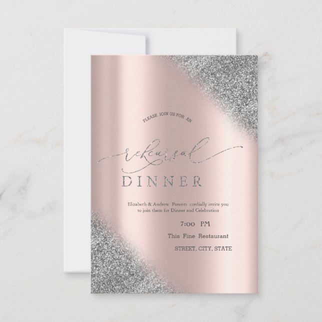 Silver Glitter Ombre Rose Gold Rehearsal Dinner Invitation (Front)