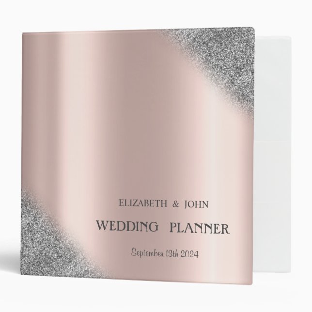 Silver Glitter Ombre Rose Gold Wedding  3 Ring Binder (Front/Inside)