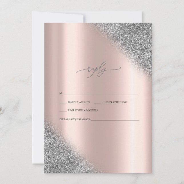 Silver Glitter Ombre Rose Gold Wedding RSVP   Invitation (Front)