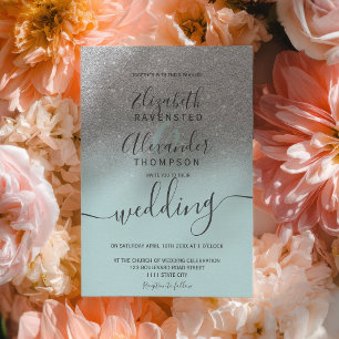 Silver glitter ombre sage green script wedding invitation