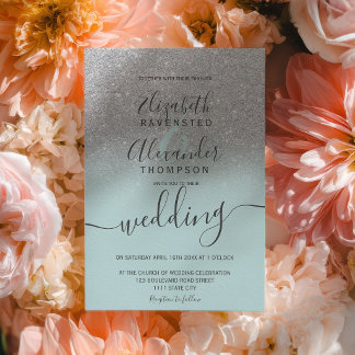 Silver glitter ombre sage green script wedding invitation