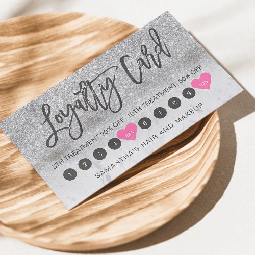 Silver glitter ombre script makeup marble 10 loyalty card
