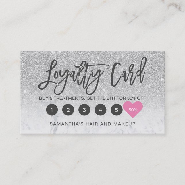 Silver glitter ombre script makeup marble loyalty card (Front)
