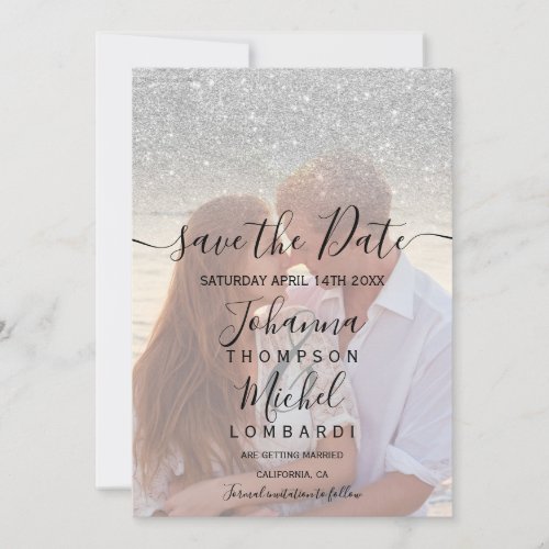 Silver glitter ombre script photo save the date