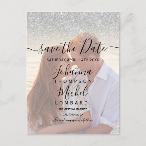 Silver glitter ombre script photo save the date announcement postcard