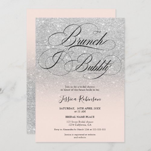 Silver glitter ombre script pink bridal shower invitation
