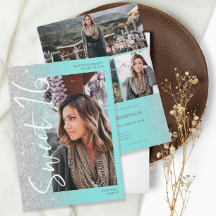 Silver glitter ombre script teal 4 photos Sweet 16 Invitation
