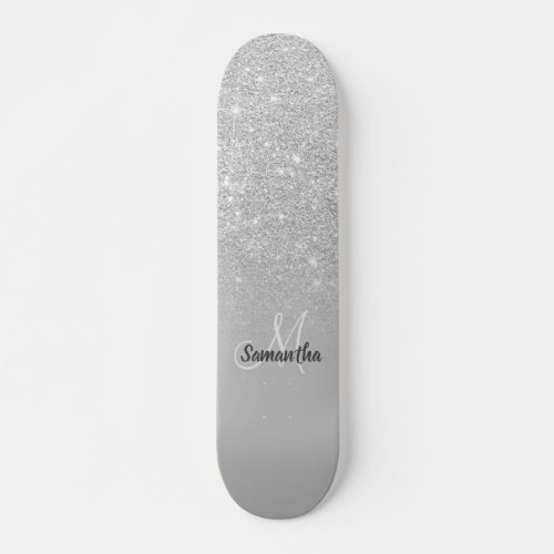 Silver glitter ombre sparkles gray chic monogram skateboard
