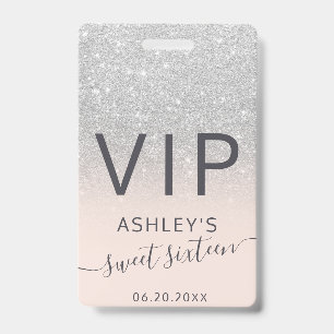 silver glitter ombre typography blush Sweet 16 VIP Badge