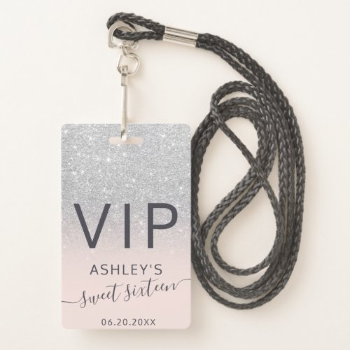 silver glitter ombre typography blush Sweet 16 VIP Badge