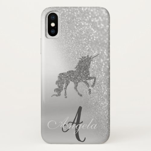 Silver Glitter Ombre Unicorn Monogram iPhone XS Case
