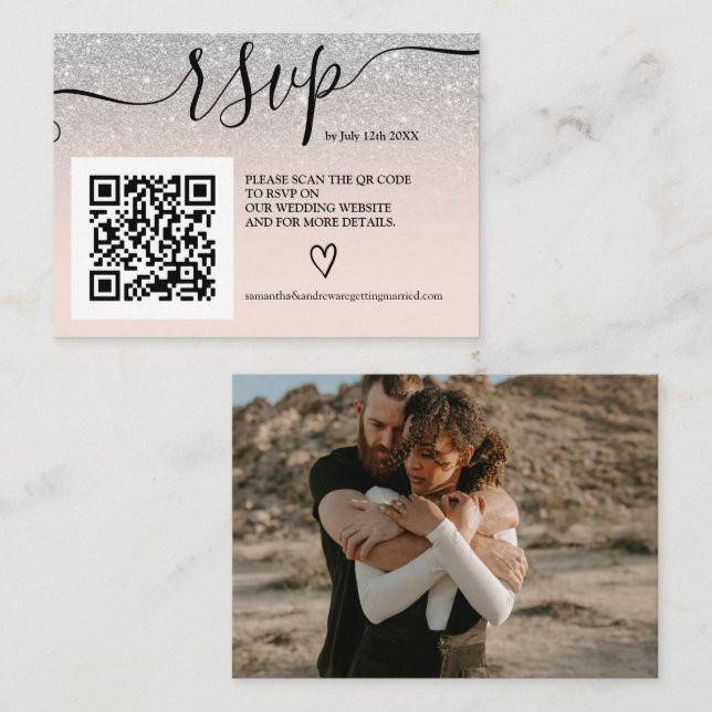 Silver glitter ombre wedding rsvp Qr code photo Enclosure Card (Front/Back)